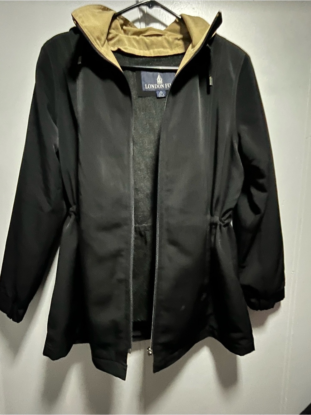 London Fog Black Trench Coat with Tan Hood Lining